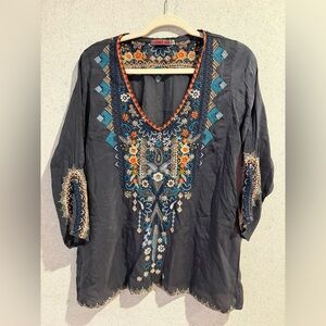 Johnny Was Embroidered Tunic Blouse Sheer 3/4 Sleeve Bohemian Hippie Size Small